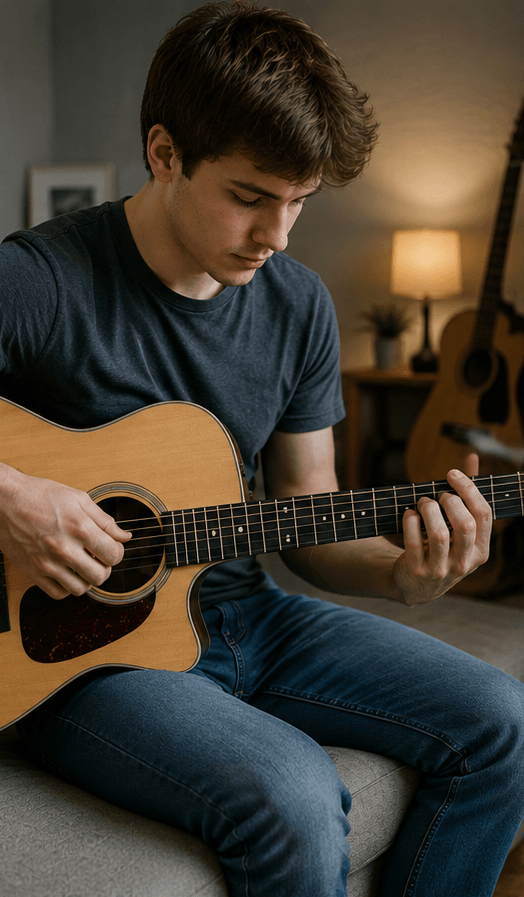 Beginner guitar student learning chords and rhythm on acoustic guitar