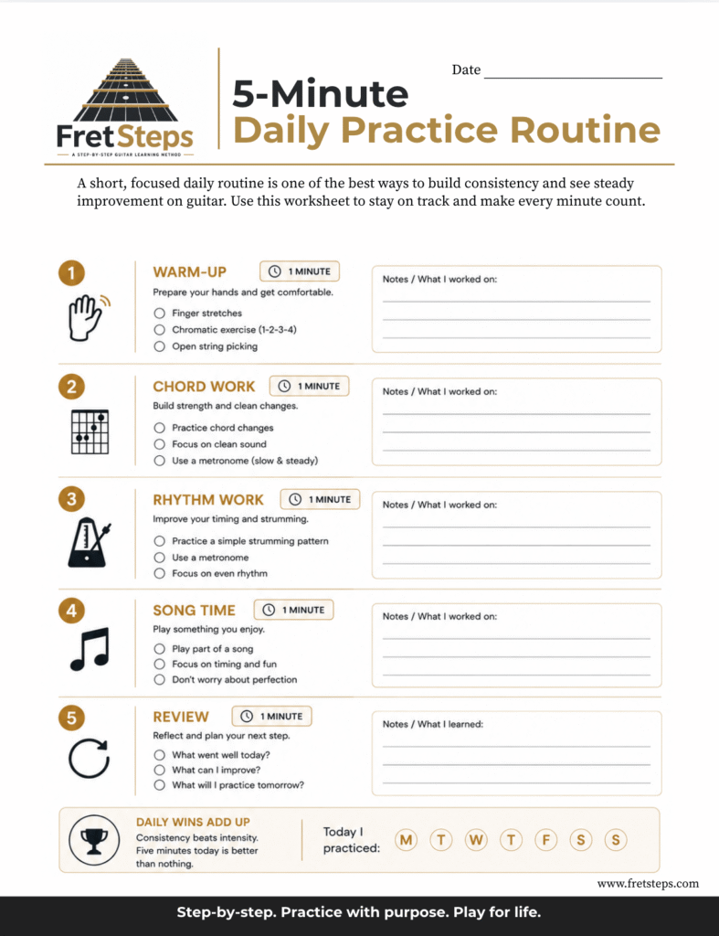 Printable 5-minute daily guitar practice routine worksheet for beginner guitar students from FretSteps