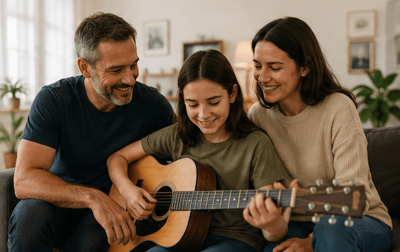 Parents supporting their child during a beginner acoustic guitar lesson at home
