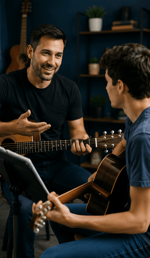 Private guitar teacher helping a student learn music and guitar concepts