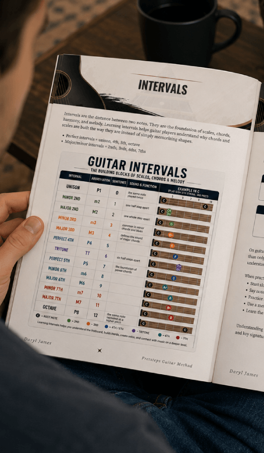 Student studying guitar scales and intervals from the FretSteps guitar method book